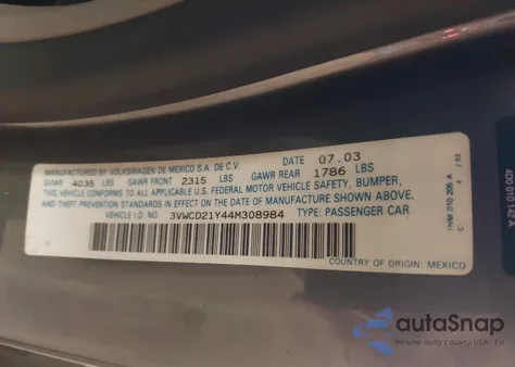 2004 Volkswagen New Beetle Gls Turbo z USA, uszkodzony, nr VIN 3VWCD21Y44M308984